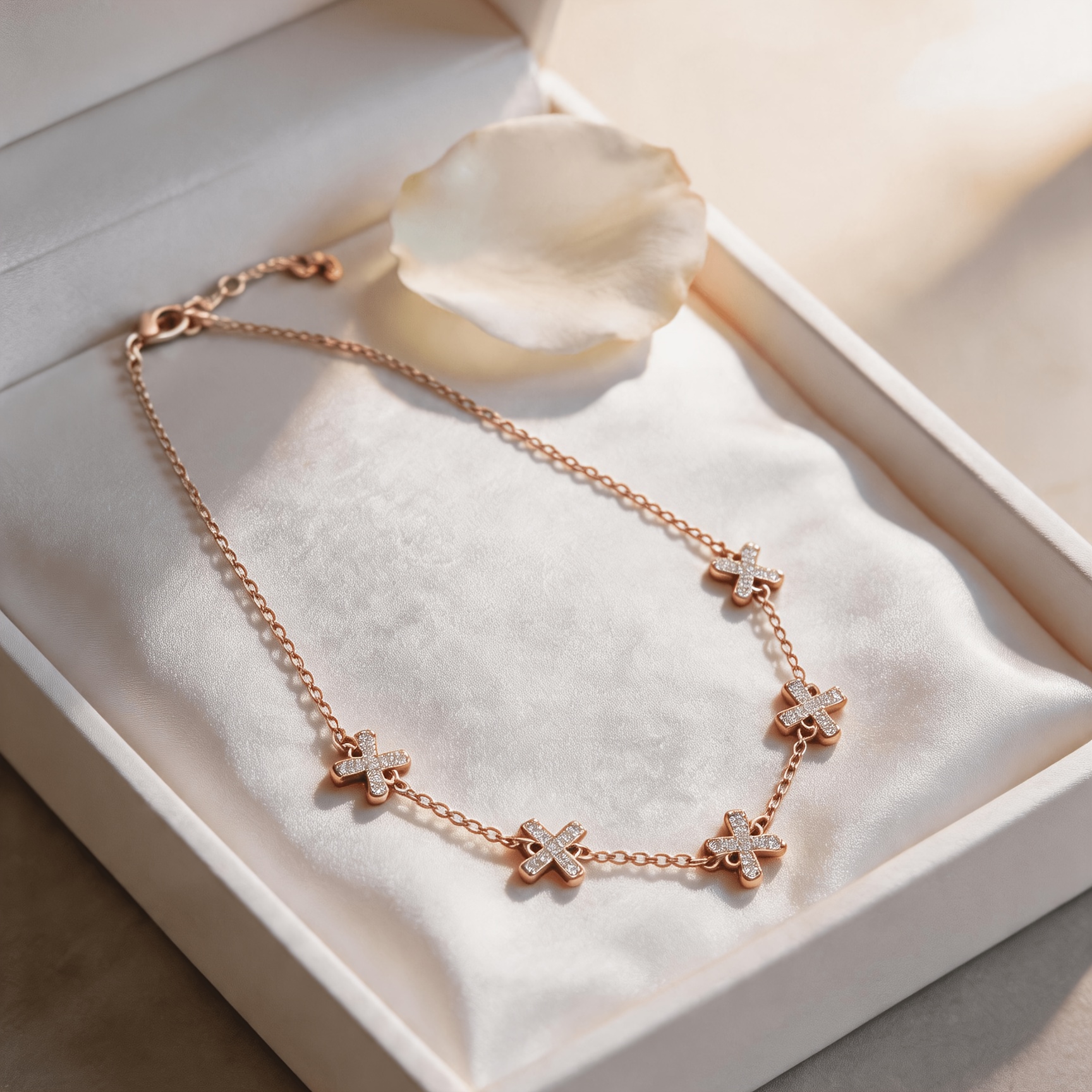 Women's Rose Plated Adjustable Cross Pave Rhinestone Choker Necklace